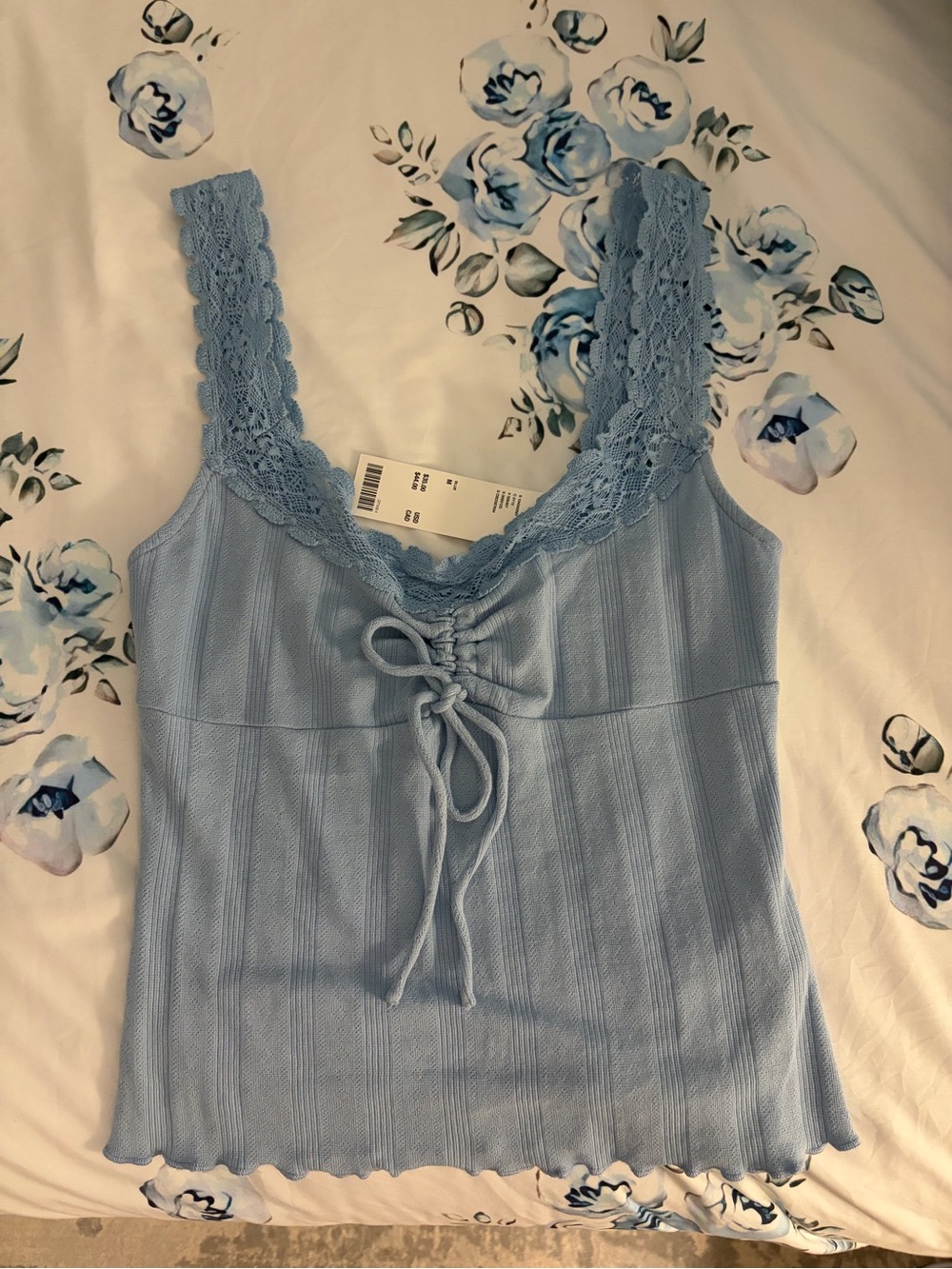 Urban Outfitters Lace-Trim Ribbed Tank Top - Light Blue